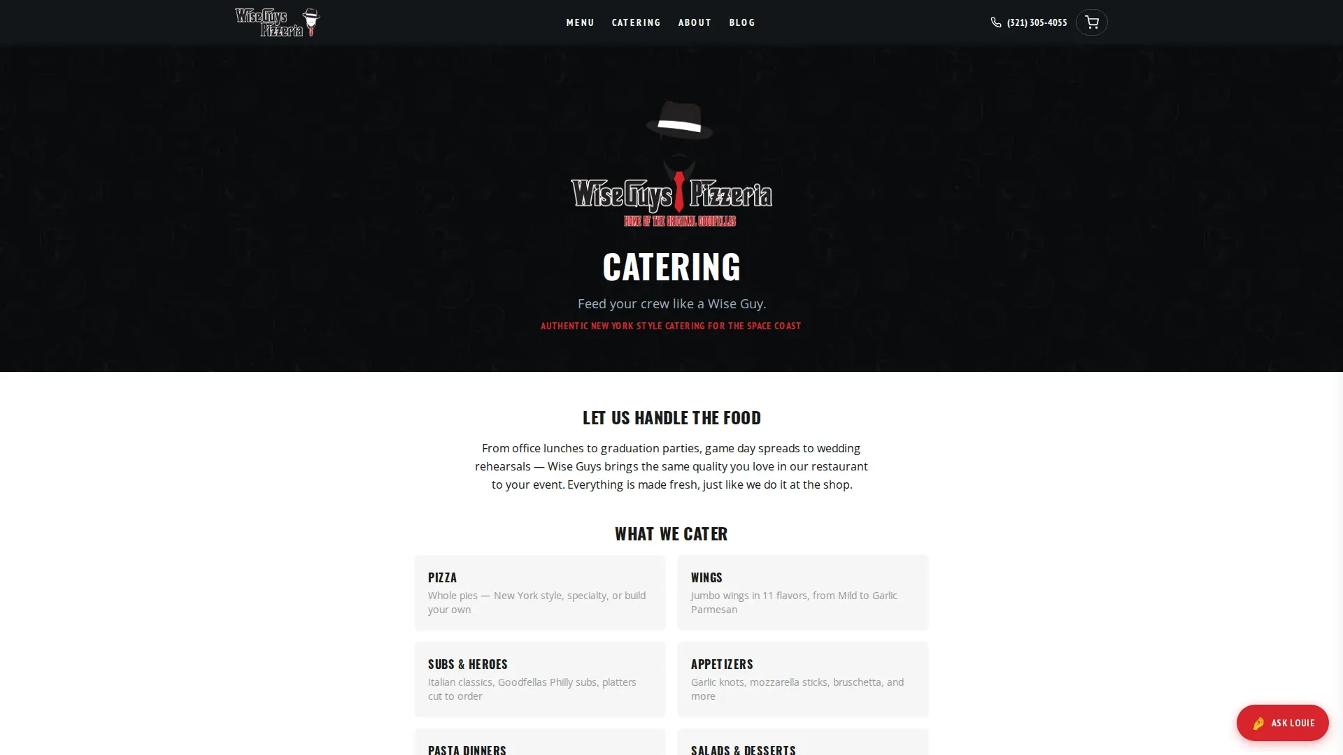 Catering page of wiseguy.pizza showing bulk order options and contact flow