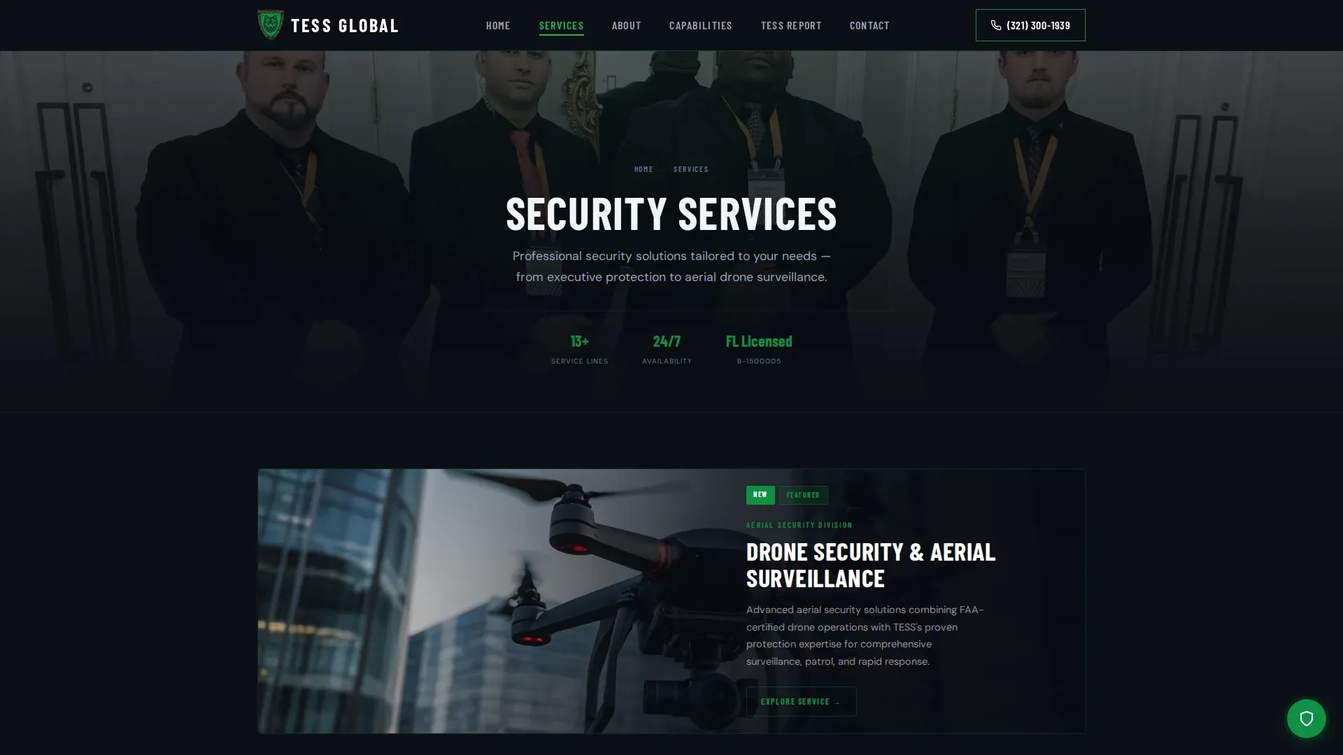 Services page of tess.global listing event security, healthcare, hospitality, education, and corporate verticals