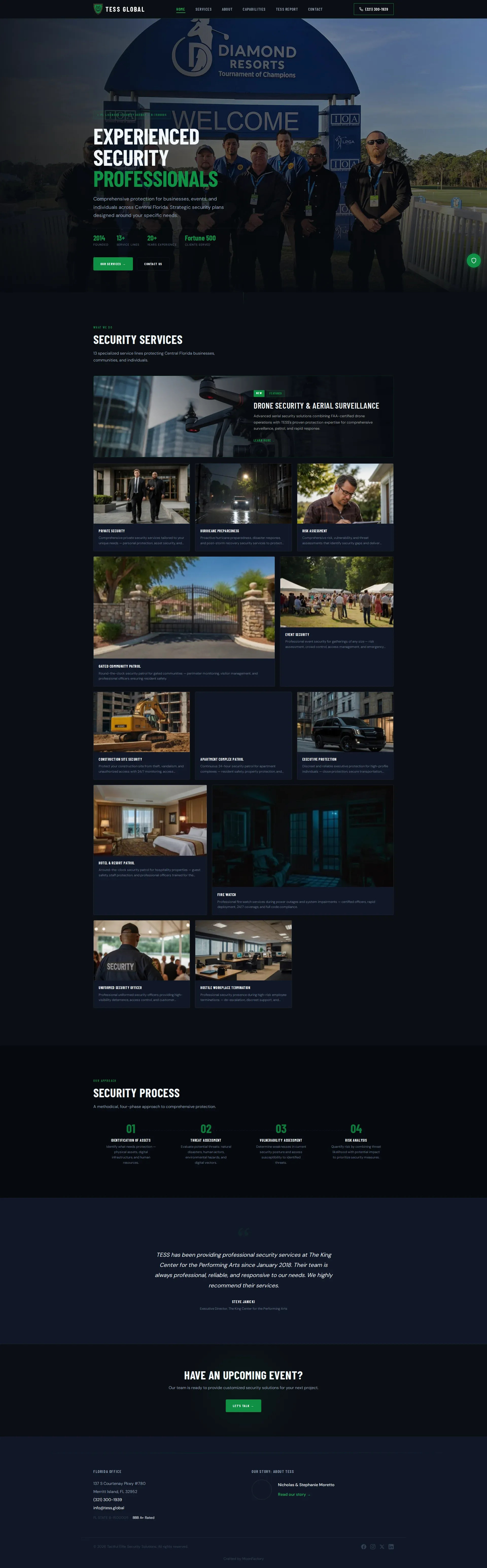 Full-length homepage of tess.global showing sections from hero through service catalogue to footer