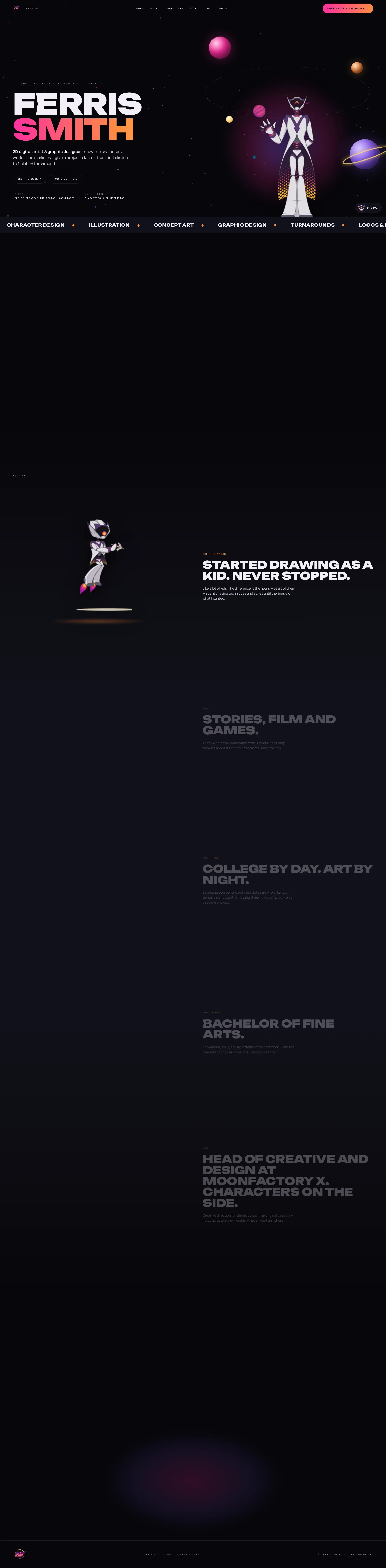 Full-length homepage of ferrissmith.art from hero through work grid, story stage, and contact footer
