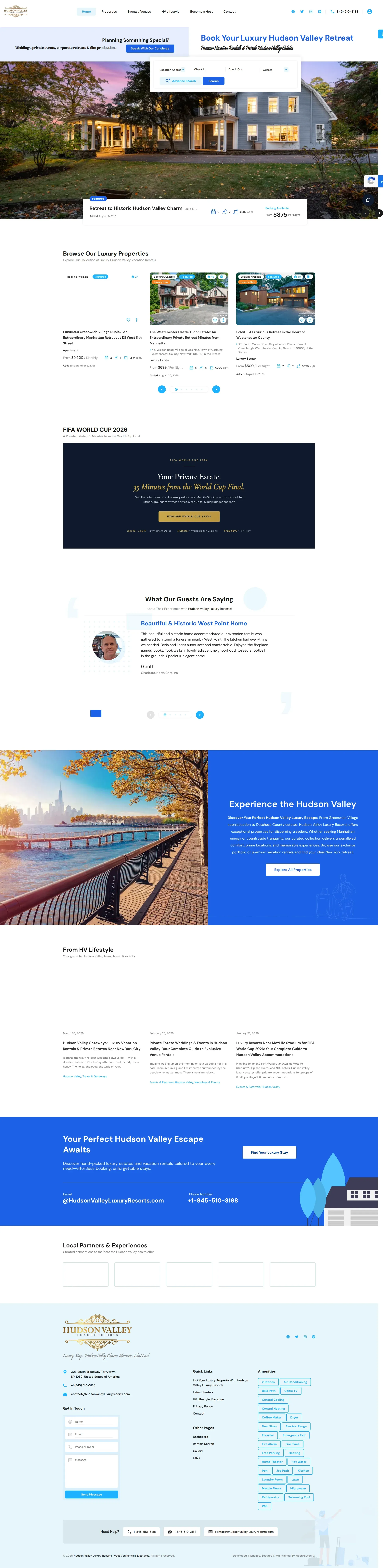 Full-length homepage of hudsonvalleyluxuryresorts.com showing sections from hero through property grid to footer
