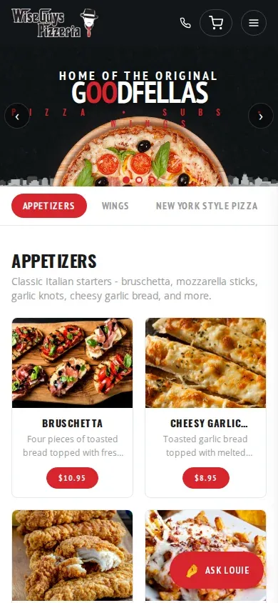 Mobile viewport of wiseguy.pizza/menu at 390px