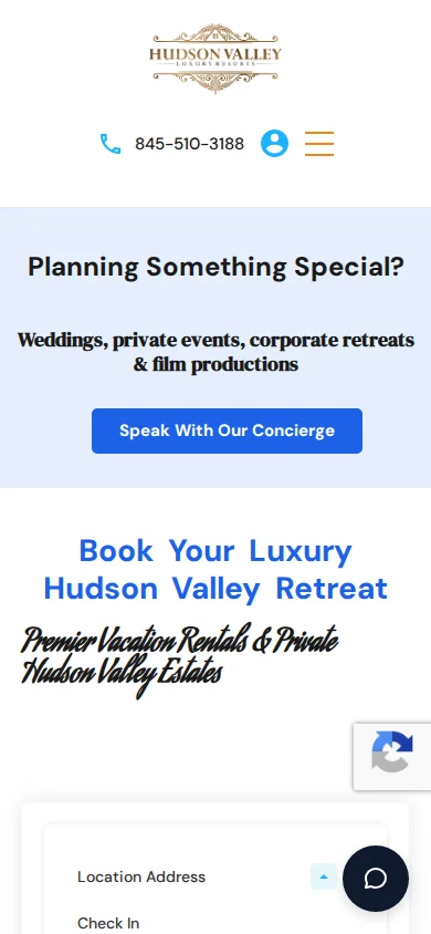 Mobile viewport of hudsonvalleyluxuryresorts.com at 390px