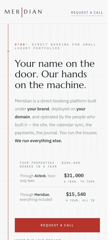 Mobile viewport of meridianhq.dev at 390px
