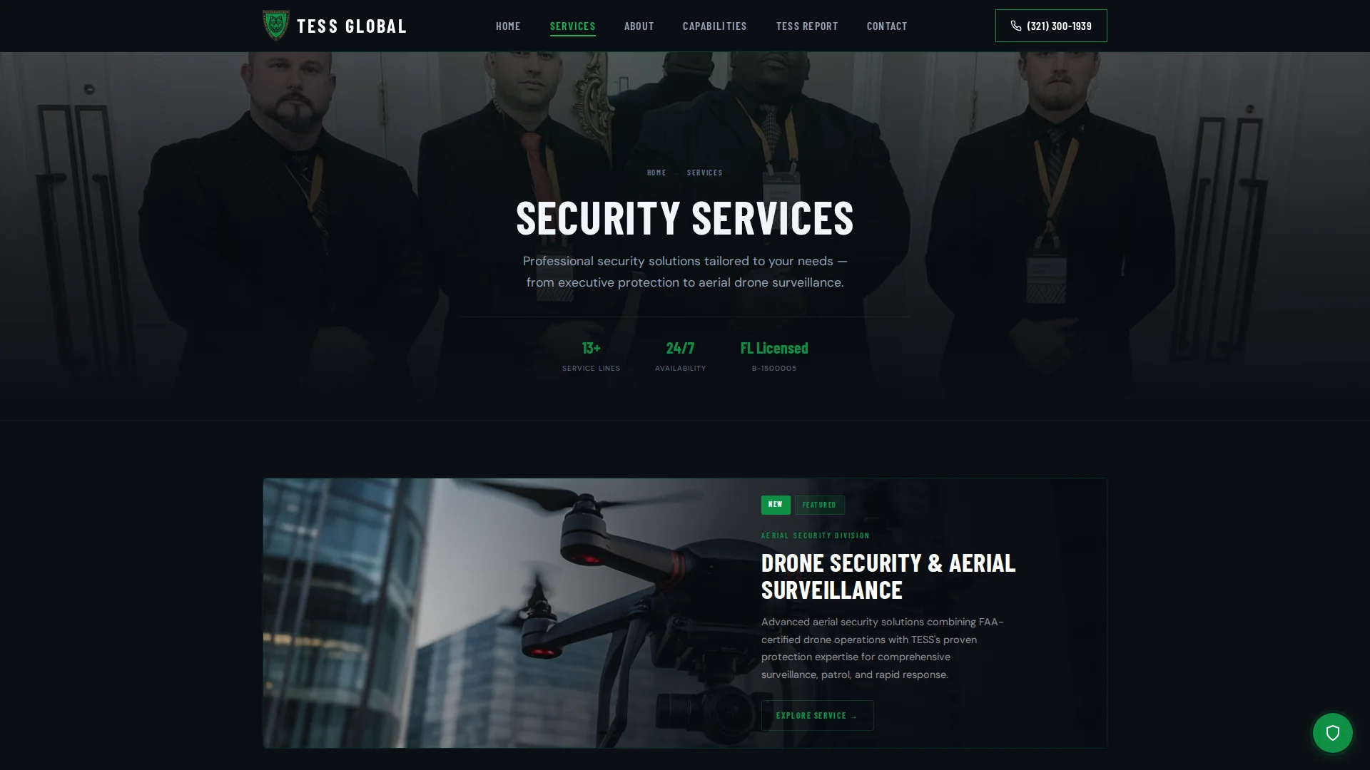 Services page of tess.global listing event security, healthcare, hospitality, education, and corporate verticals