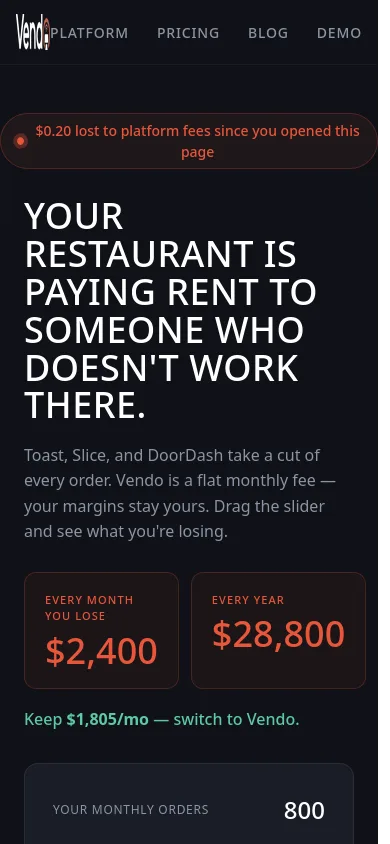 Mobile viewport of vendo.pizza at 390px