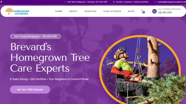 HomeGrown Outdoors tree care website with service listings and booking interface